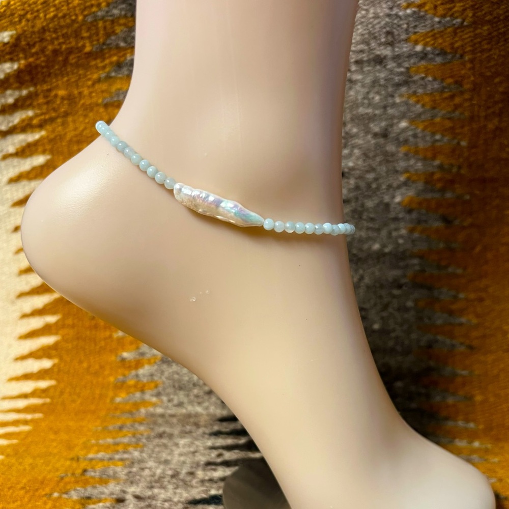 10” Blue-Green Amazonite & Pearl Anklet
